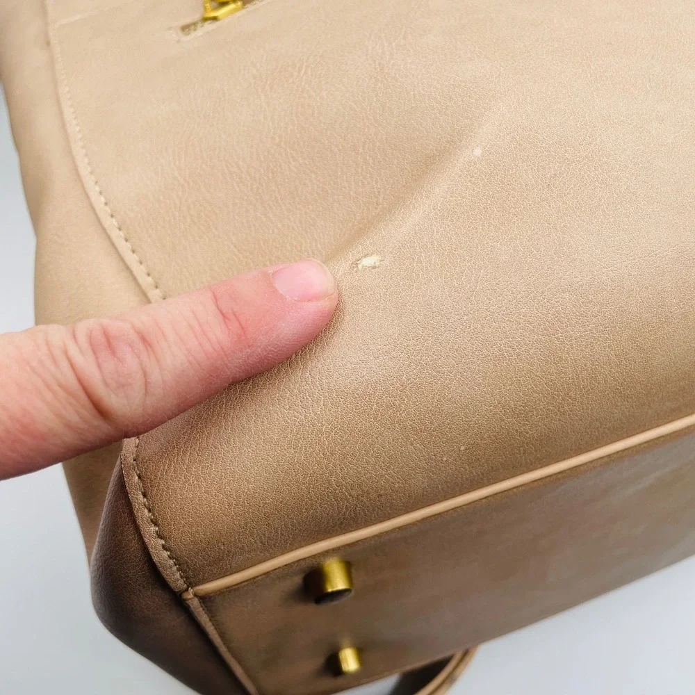 FAWN Square Backpack Diaper Bag Tan Faux Leather Gold Tone Hardware